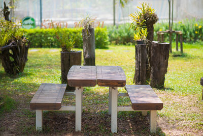 Empty bench on table in park