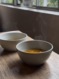Close-up of soup in bowl on table