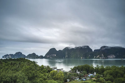 Scenic view of lake and mountains against sky