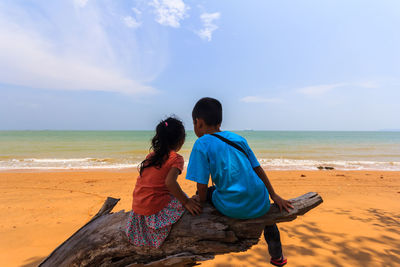 Rear view of couple on beach against sky