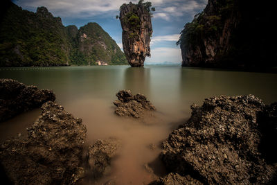 Scenic view of rock formations at phang nga bay