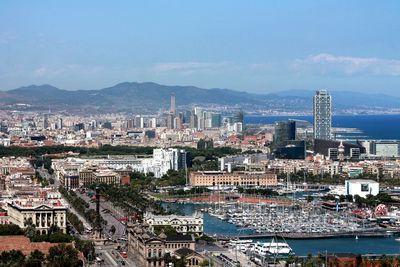 High angle view of city and buildings against sky