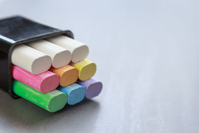 High angle view of multi colored pencils on table