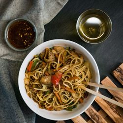Directly above shot of noodles in bowl on table