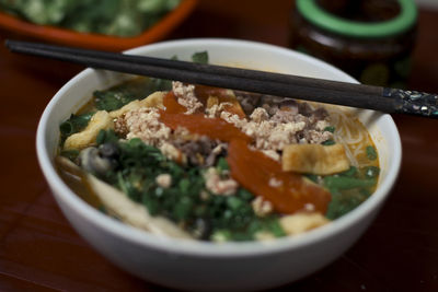 Close-up of salad in bowl on table