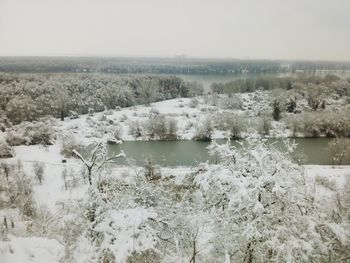 Scenic view of lake against sky during winter