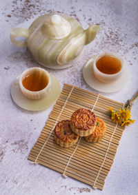 High angle view of breakfast on table