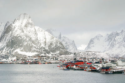 Scenic view of snowcapped mountains against sky during winter