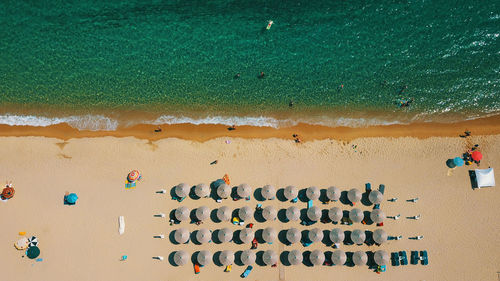 High angle view of parasols at beach