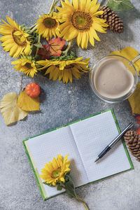 High angle view of various flower on table