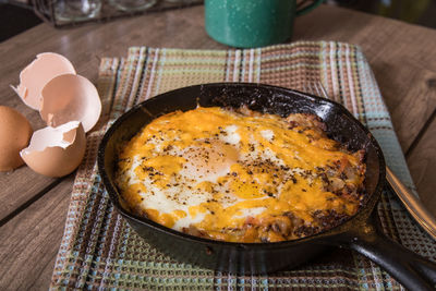 High angle view of breakfast served on table