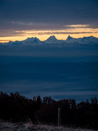 Scenic view of snowcapped mountains against sky during sunset