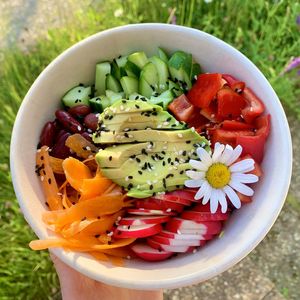 High angle view of chopped fruits in bowl