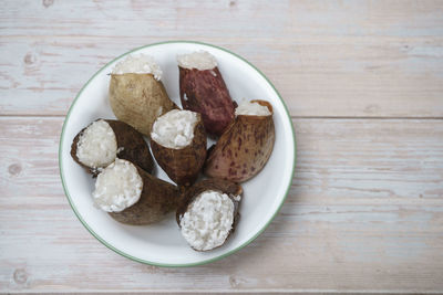 High angle view of breakfast in bowl on table