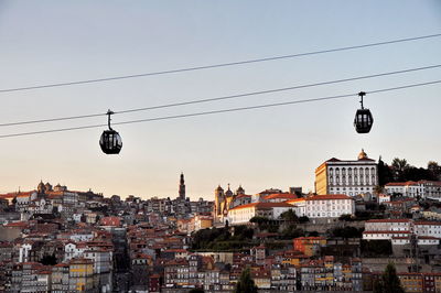 Low angle view of cable cars over town against clear sky during sunset