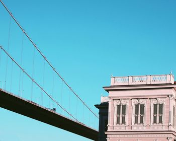 Low angle view of bridge against building against clear blue sky