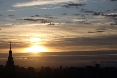 Silhouette of buildings against cloudy sky during sunset