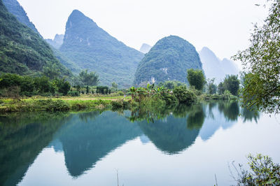 Scenic view of lake and mountains against sky