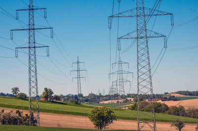 Electricity pylon on field against clear sky