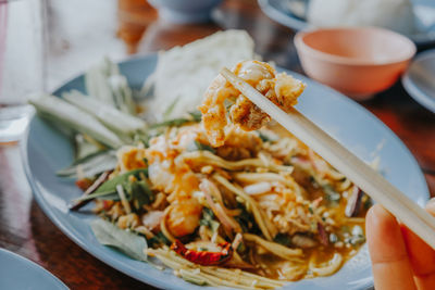 Close-up of food served on table