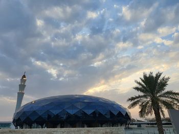 Palm trees and buildings against sky during sunset