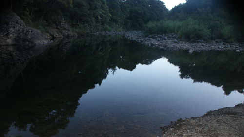 Reflection of trees in lake against sky