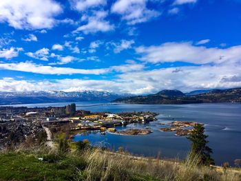 Scenic view of sea and cityscape against sky