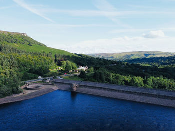 Scenic view of river by mountains against sky