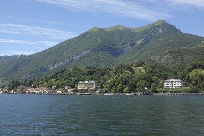 Scenic view of sea by mountain against sky