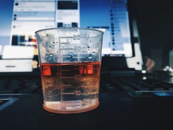 Close-up of beer in glass on table