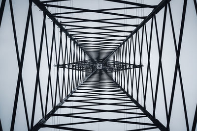 Directly below shot of electricity pylon against clear sky