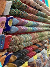 Full frame shot of multi colored babouche for sale at market stall in fez souk