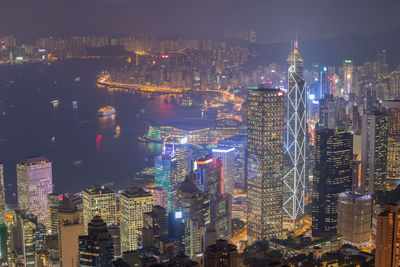 Aerial view of illuminated city buildings at night