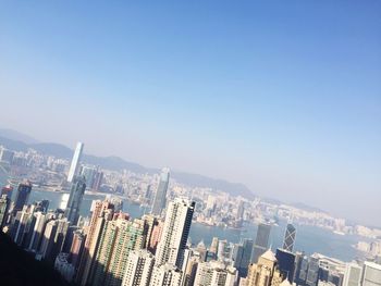 Aerial view of buildings in city against clear sky