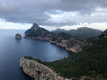 Scenic view of sea and mountains against sky