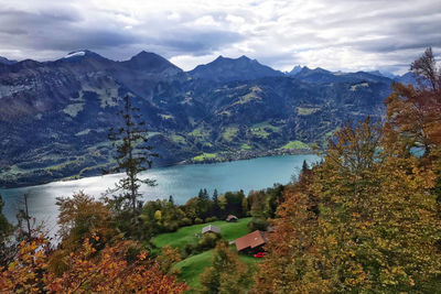 Scenic view of lake and mountains against sky