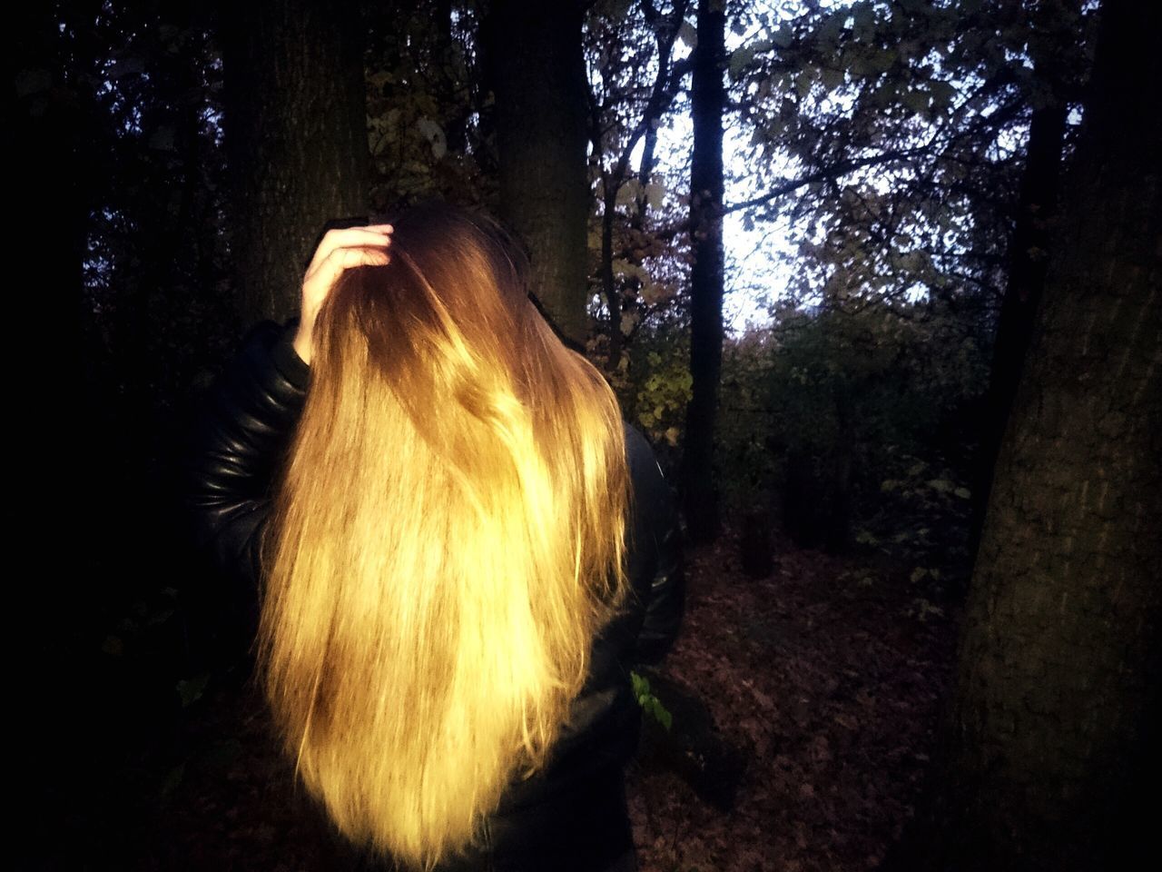 REAR VIEW OF WOMAN STANDING AMIDST PLANTS IN FOREST