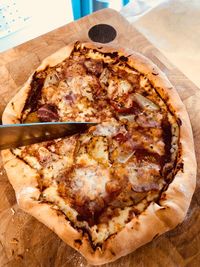 High angle view of pizza on table