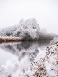 Scenic view of lake against sky during winter