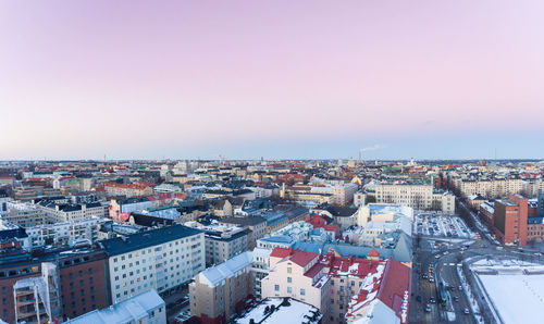 High angle view of cityscape against sky during winter
