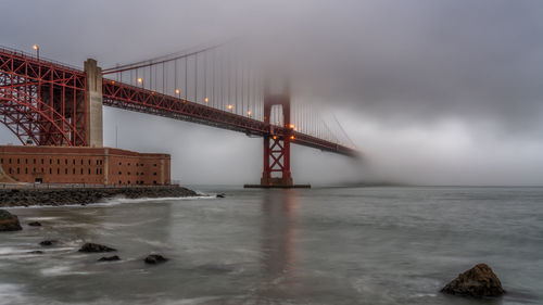 View of suspension bridge against cloudy sky