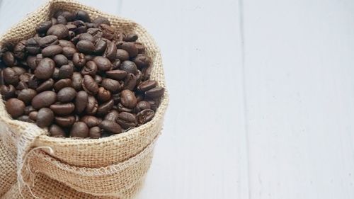 High angle view of coffee beans on table