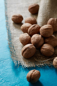 High angle view of walnuts on table