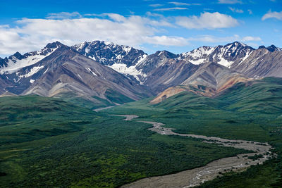 Scenic view of snowcapped mountains against sky