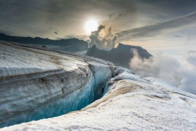 Snowcapped mountains against cloudy sky during sunset