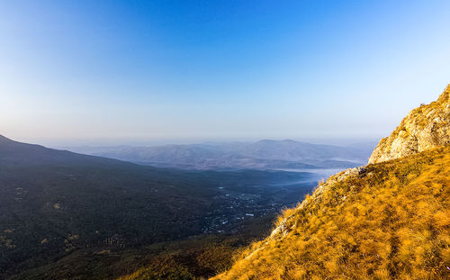 Scenic view of mountains against clear blue sky