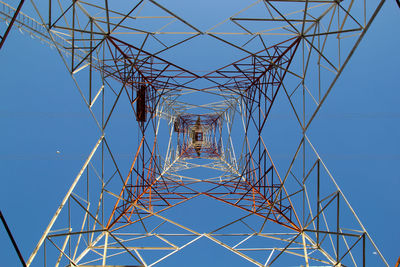 Low angle view of electricity pylon against clear blue sky