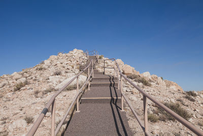 Low angle view of staircase against clear blue sky