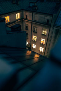 High angle view of illuminated building at night