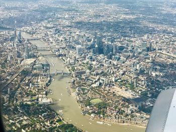 Aerial view of city buildings seen from airplane